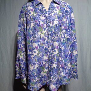 Coldwater Creek cotton/silk blend blue/purple/green floral button blouse in XL